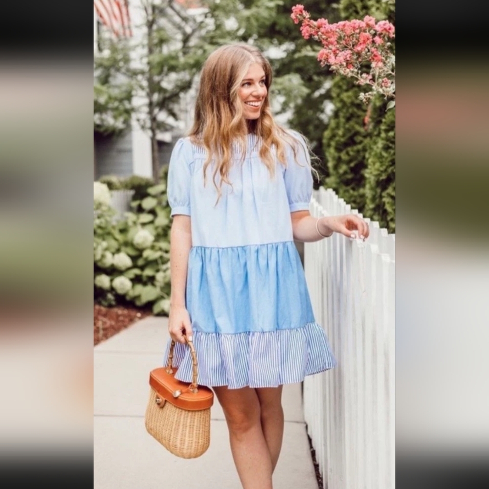 Tuckernuck Pomander Place Quinn Dress Blue Stripe Cotton Puff Sleeve XXL